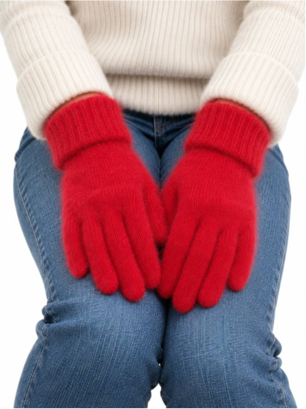 VINTAGE Angora Rabbit Fur & Wool Gloves Red One Size Cozy Knit Soft Colorful